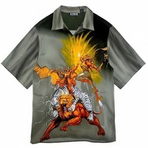 Million Guy Norse Greek God of War White Tiger Lion Battle Fight Button Shirt